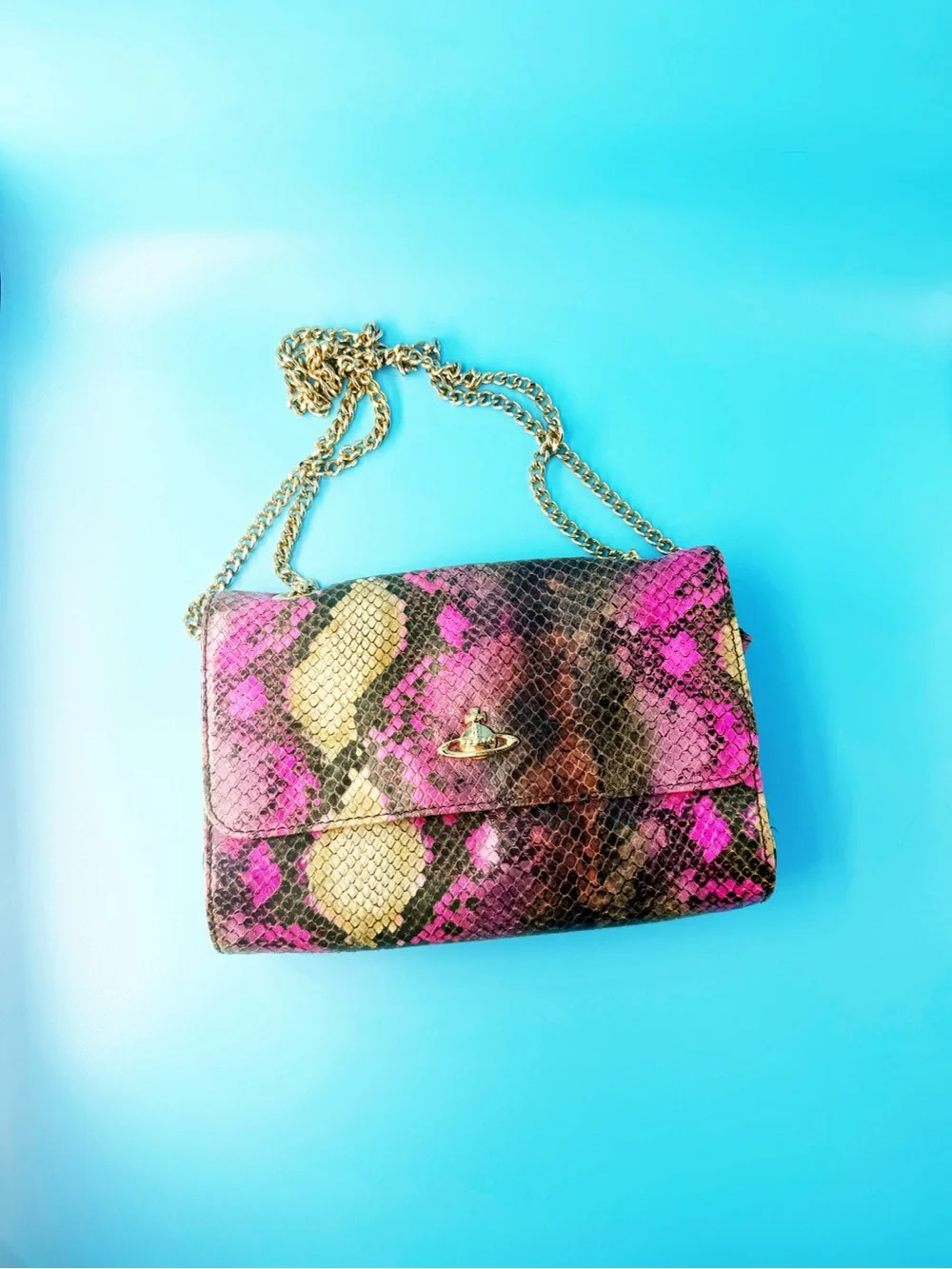 Vivienne Westwood Tie Dye Snake Animal Print Leather Clutch Small Bag Gold Chain - Picture 1 of 8